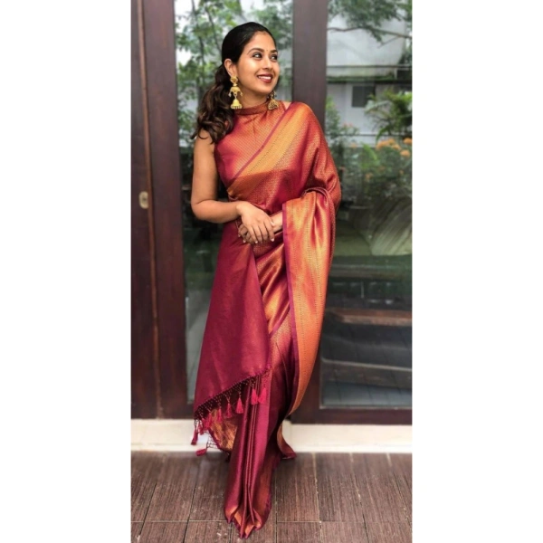 Shopnav Women's Litchi silk Printed Saree With Unstitched Blouse (Red)