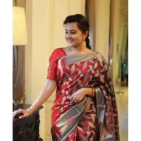 Shopnav Women's Litchi silk Printed Saree With Unstitched Blouse (Red)