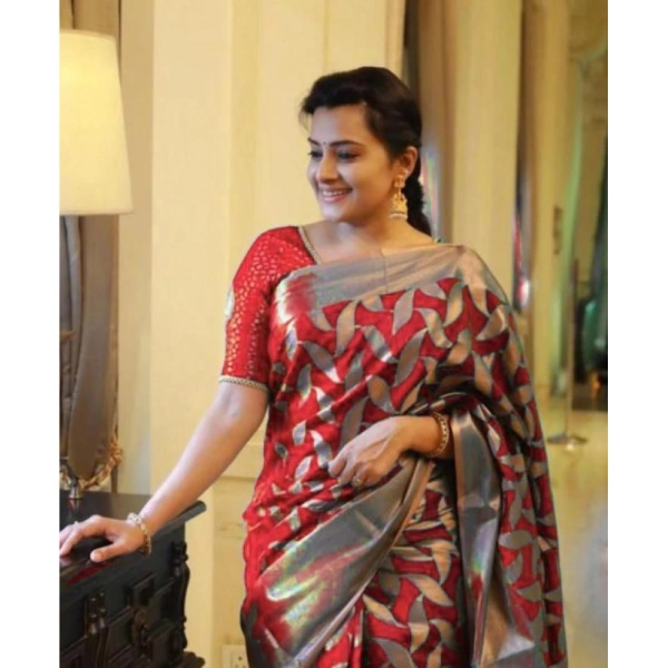 Shopnav Women's Litchi silk Printed Saree With Unstitched Blouse (Red)