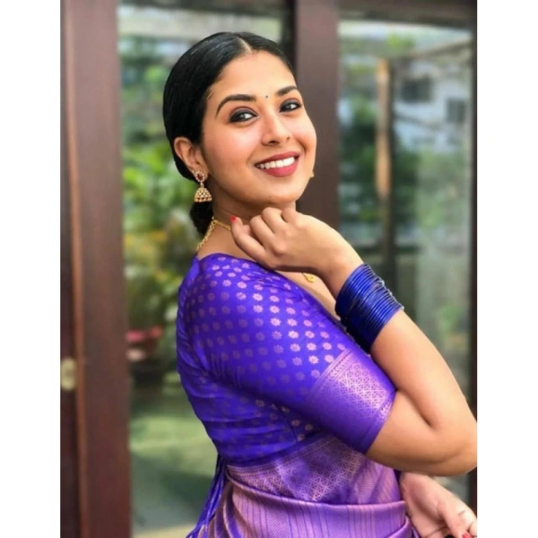 Shopnav Women's Litchi silk Printed Saree With Unstitched Blouse (Purple)