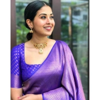 Shopnav Women's Litchi silk Printed Saree With Unstitched Blouse (Purple)
