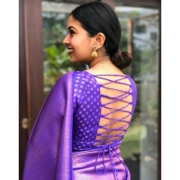 Shopnav Women's Litchi silk Printed Saree With Unstitched Blouse (Purple)