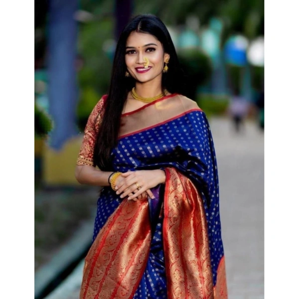 Shopnav Women's Litchi silk Printed Saree With Unstitched Blouse (Blue)