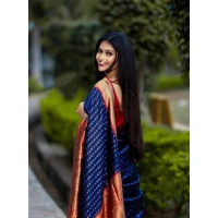 Shopnav Women's Litchi silk Printed Saree With Unstitched Blouse (Blue)