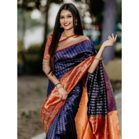 Shopnav Women's Litchi silk Printed Saree With Unstitched Blouse (Blue)