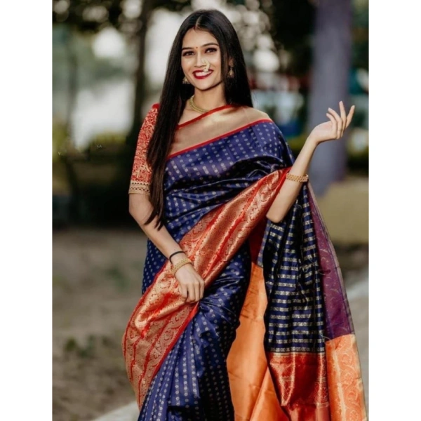 Shopnav Women's Litchi silk Printed Saree With Unstitched Blouse (Blue)