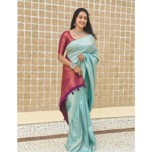 Shopnav Women's Litchi silk Printed Saree With Unstitched Blouse (Blue)