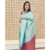 Shopnav Women's Litchi silk Printed Saree With Unstitched Blouse (Blue)