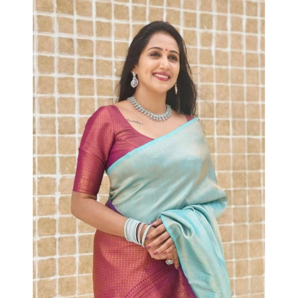 Shopnav Women's Litchi silk Printed Saree With Unstitched Blouse (Blue)