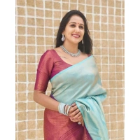 Shopnav Women's Litchi silk Printed Saree With Unstitched Blouse (Blue)