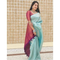 Shopnav Women's Litchi silk Printed Saree With Unstitched Blouse (Blue)