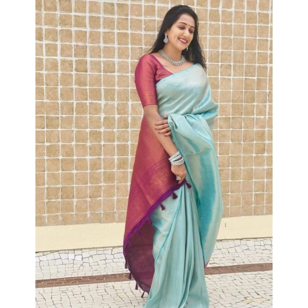 Shopnav Women's Litchi silk Printed Saree With Unstitched Blouse (Blue)