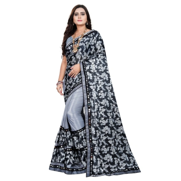 Women's Lycra Blend Saree with Blouse (Grey, 5-6 Mtrs) - Grey