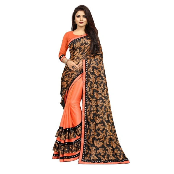 Women's Lycra Blend Saree with Blouse (Orange, 5-6 Mtrs) - Orange