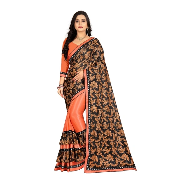 Women's Lycra Blend Saree with Blouse (Orange, 5-6 Mtrs) - Orange