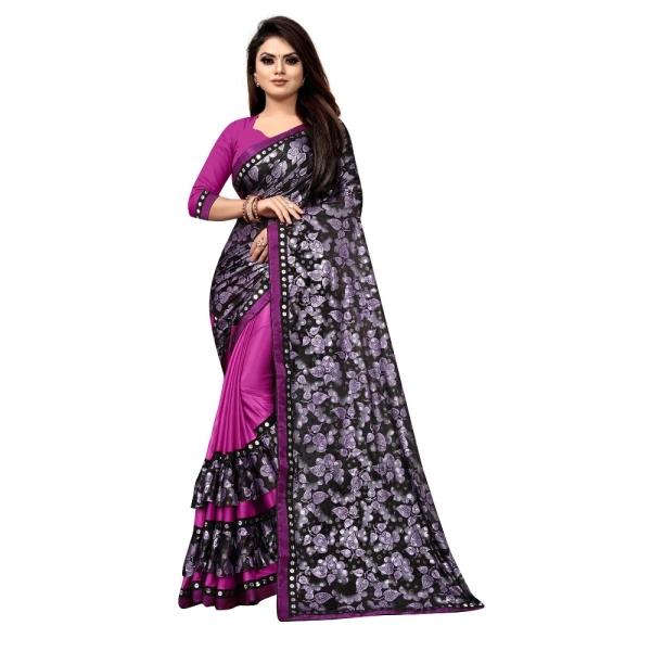 Women's Lycra Blend Saree with Blouse (Purple, 5-6 Mtrs) - Purple