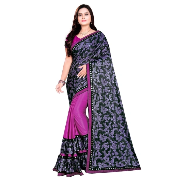 Women's Lycra Blend Saree with Blouse (Purple, 5-6 Mtrs) - Purple