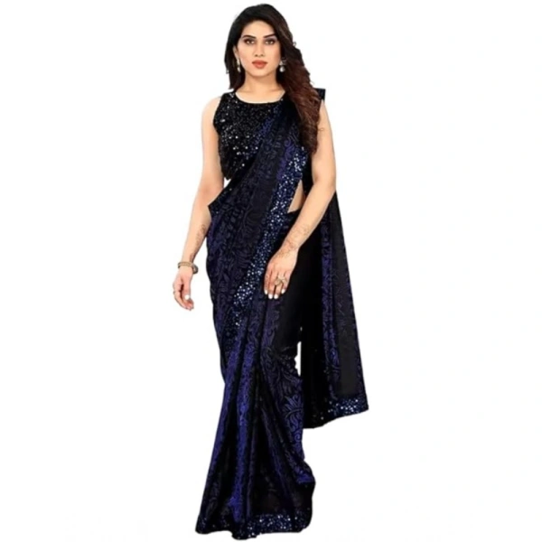 Women's Lycra Floral Saree With Unstitched Blouse (Blue, 5.5 Mtr) - Blue