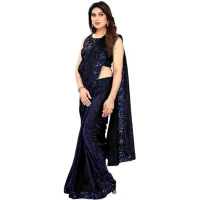 Women's Lycra Floral Saree With Unstitched Blouse (Blue, 5.5 Mtr) - Blue