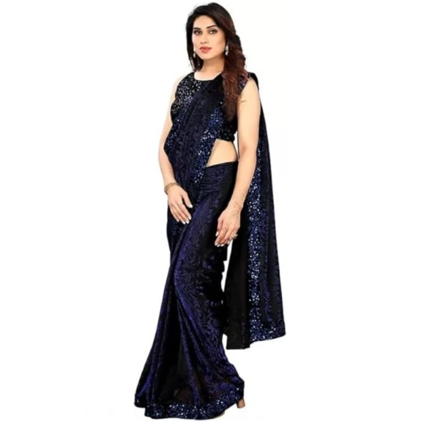 Women's Lycra Floral Saree With Unstitched Blouse (Blue, 5.5 Mtr) - Blue
