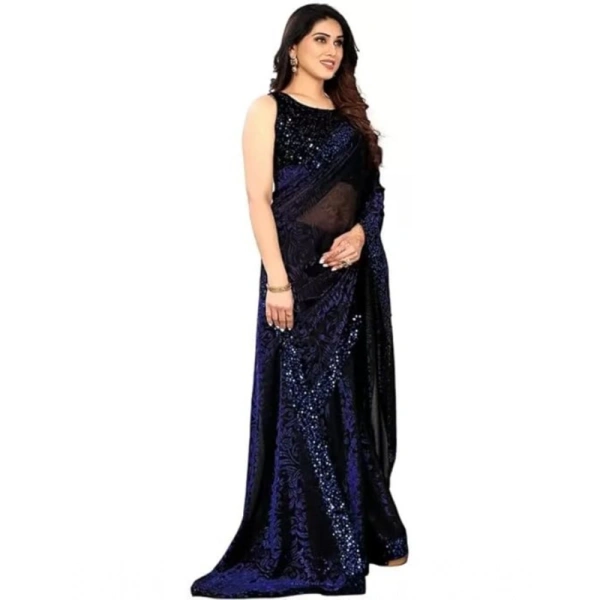 Women's Lycra Floral Saree With Unstitched Blouse (Blue, 5.5 Mtr) - Blue