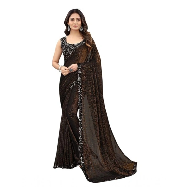 shopnav's Women's Lycra Floral Saree With Unstitched Blouse (Brown, 5.5 Mtr) - Brown