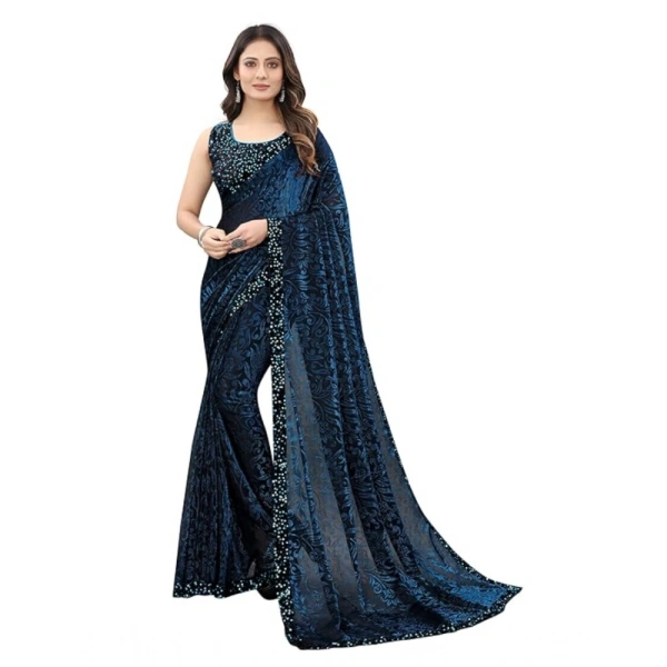Women's Lycra Floral Saree With Unstitched Blouse (Blue, 5.5 Mtr) - Blue