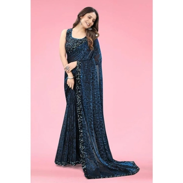 Women's Lycra Floral Saree With Unstitched Blouse (Blue, 5.5 Mtr) - Blue