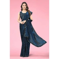 Women's Lycra Floral Saree With Unstitched Blouse (Blue, 5.5 Mtr) - Blue