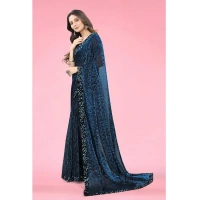 Women's Lycra Floral Saree With Unstitched Blouse (Blue, 5.5 Mtr) - Blue
