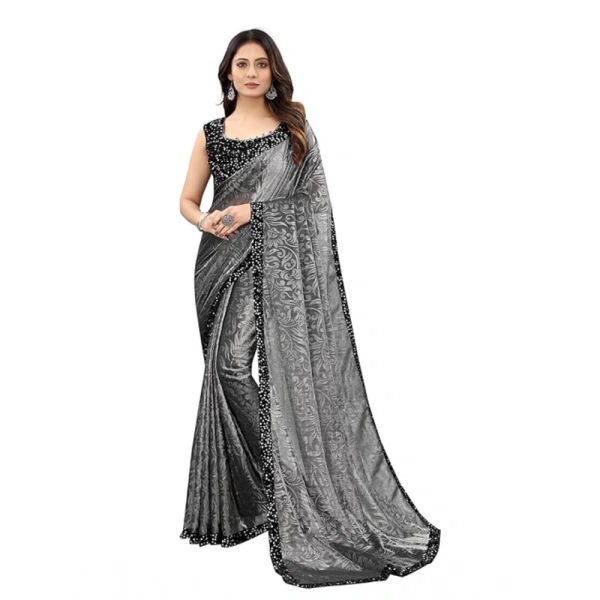shopnav's Women's Lycra Floral Saree With Unstitched Blouse (Grey, 5.5 Mtr) - Grey