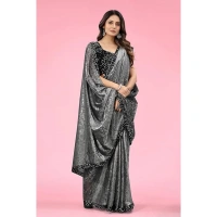 shopnav's Women's Lycra Floral Saree With Unstitched Blouse (Grey, 5.5 Mtr) - Grey
