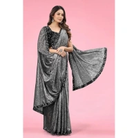 shopnav's Women's Lycra Floral Saree With Unstitched Blouse (Grey, 5.5 Mtr) - Grey