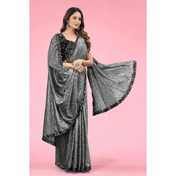shopnav's Women's Lycra Floral Saree With Unstitched Blouse (Grey, 5.5 Mtr) - Grey