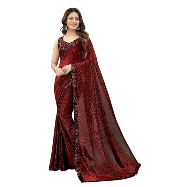 Women's Lycra Floral Saree With Unstitched Blouse (Maroon, 5.5 Mtr) - Maroon