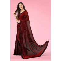 Women's Lycra Floral Saree With Unstitched Blouse (Maroon, 5.5 Mtr) - Maroon