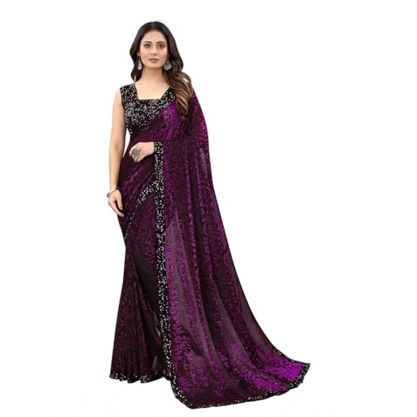 Women's Lycra Floral Saree With Unstitched Blouse (Wine, 5.5 Mtr) - Wine