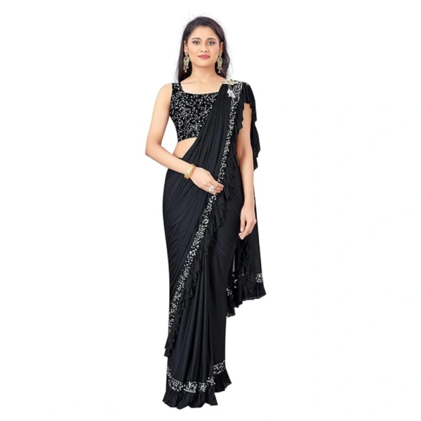shopnav's Women's Lycra Solid Saree With Unstitched Blouse (Black, 5.5 Mtr) - Black