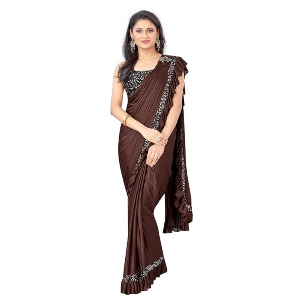 Women's Lycra Solid Saree With Unstitched Blouse (Brown, 5.5 Mtr) - Brown