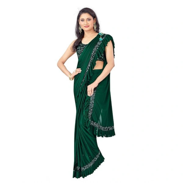Women's Lycra Solid Saree With Unstitched Blouse (Green, 5.5 Mtr) - Green