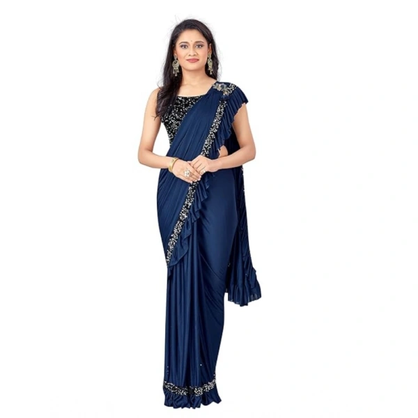 Women's Lycra Solid Saree With Unstitched Blouse (Nay Blue, 5.5 Mtr) - Nay Blue