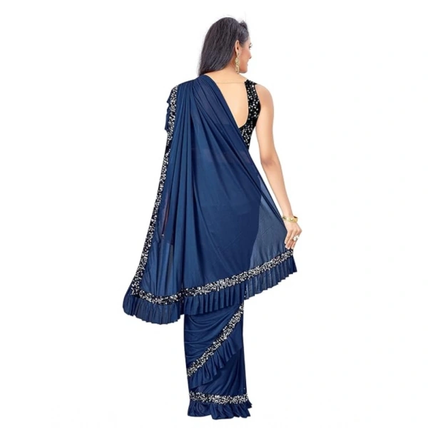 Women's Lycra Solid Saree With Unstitched Blouse (Nay Blue, 5.5 Mtr) - Nay Blue