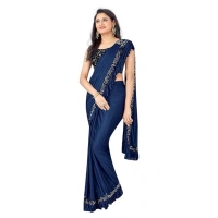 Women's Lycra Solid Saree With Unstitched Blouse (Nay Blue, 5.5 Mtr) - Nay Blue