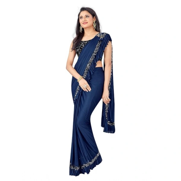Women's Lycra Solid Saree With Unstitched Blouse (Nay Blue, 5.5 Mtr) - Nay Blue