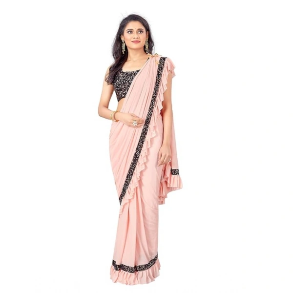Women's Lycra Solid Saree With Unstitched Blouse (Peach, 5.5 Mtr) - Peach