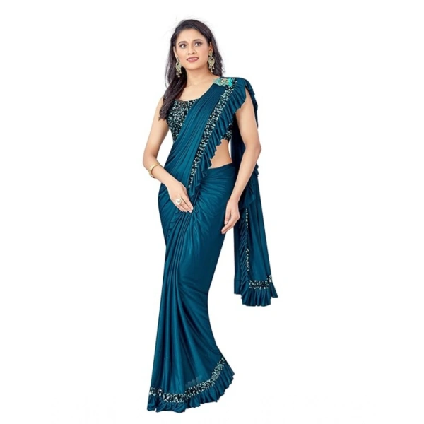 Women's Lycra Solid Saree With Unstitched Blouse (Rama, 5.5 Mtr) - Rama