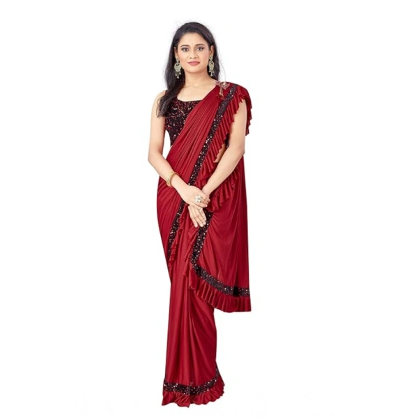 Women's Lycra Solid Saree With Unstitched Blouse (Red, 5.5 Mtr) - Red