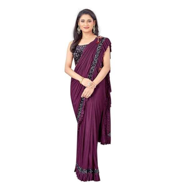 Women's Lycra Solid Saree With Unstitched Blouse (Wine, 5.5 Mtr) - Wine