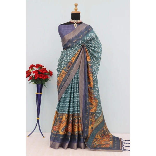 Generic Women's Mysore Silk Digital Print Saree With Unstitched Blouse 5.5Mtr (Green) - Green