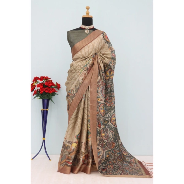 Generic Women's Mysore Silk Digital Print Saree With Unstitched Blouse 5.5Mtr (Beige) - Beige